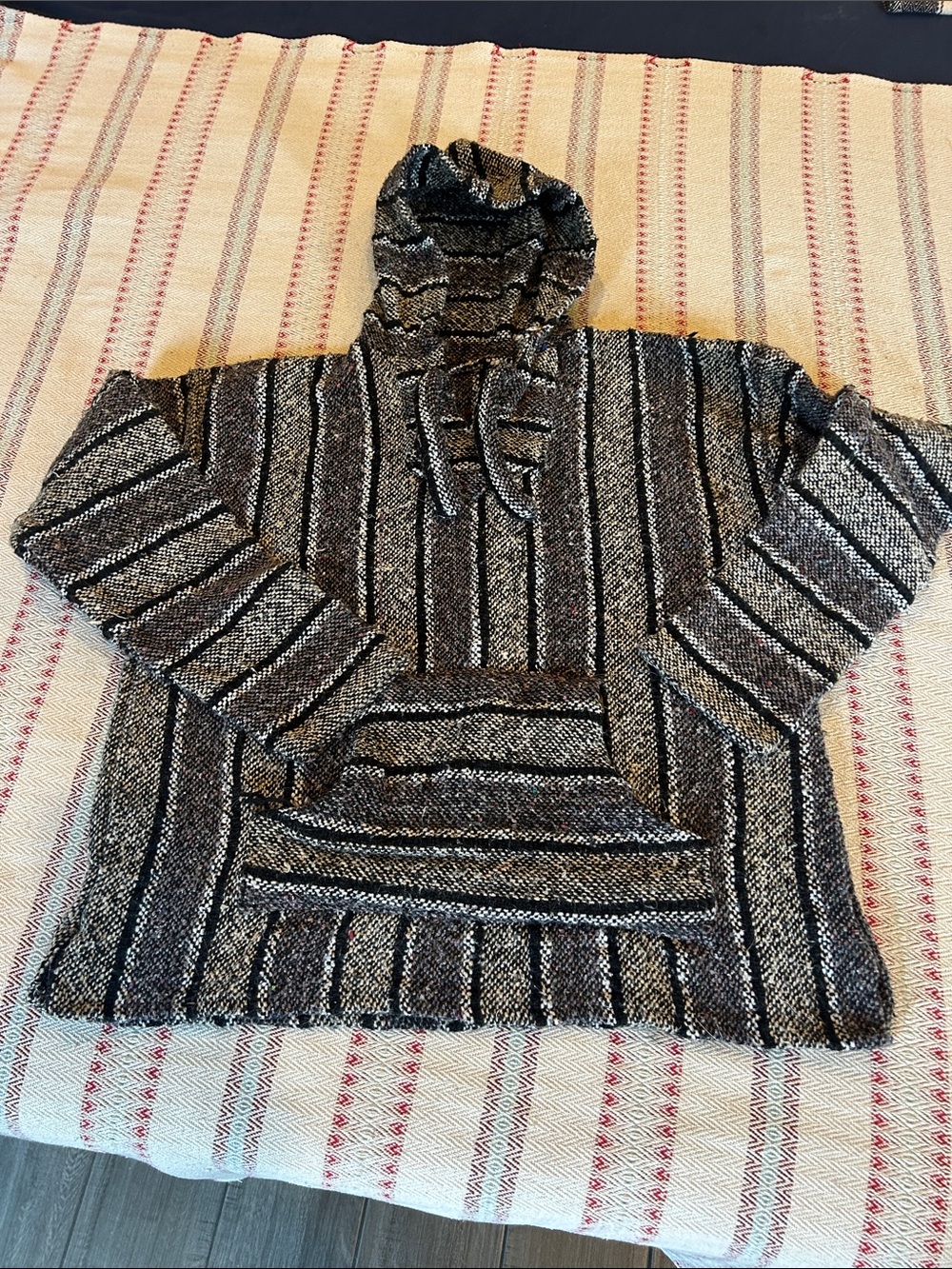 Striped Hooded Baja Sweater - Black & Gray